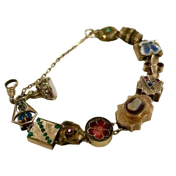 Vintage Victorian Slide Charm Gold Filled Bracelet with Mother of Pearl Fob - Picture 6 of 9